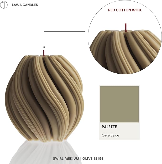 LAWA Swirl Candle - Large Beautiful Handmade Pillar Scented Soy Wax Twirl Elegant Bubble Aesthetic Candle Housewarming Gift Home Room Shelf Decor Idea Spiral Olive Beige (Medium)