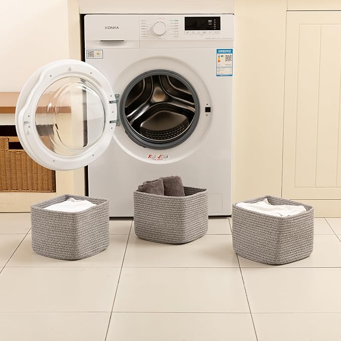 OIAHOMY 9”x9”x7” Storage Cubes, Cotton Rope Woven Baskets for Organizing, Cube Storage Bin, Small Gift Basket for Shelf, 3-Pack, Grey