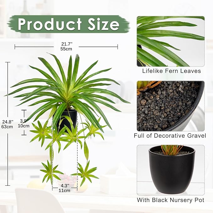 Fake Hanging Plant, Faux Spider Plant in Pot Artificial Grass Plants Faux Chlorophytum Comosum Potted Plants for Home Office Table Shelf Desk Kitchen Bathroom Bedroom Decor Green
