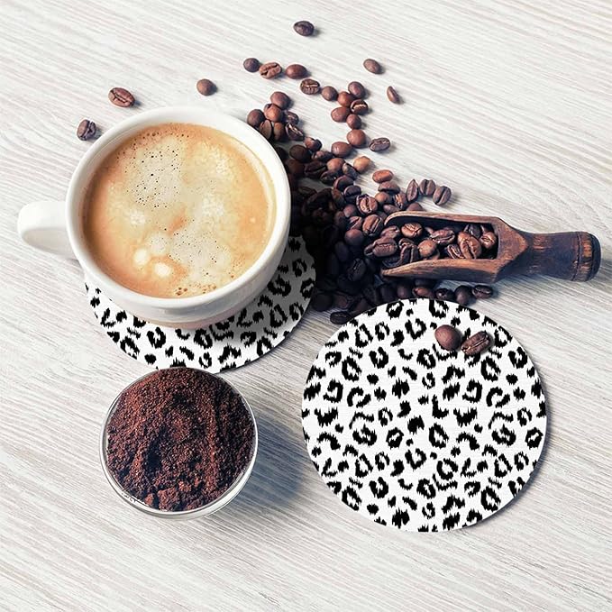 Leopard Print Drink Coaster Wild Animal Skin Pattern Art Black and White Spotted Leopard Beautiful Home Decor Diatomite Heat-Resistant Diatomite 4 Inch for Cold Drinks Wine Mugs Cups