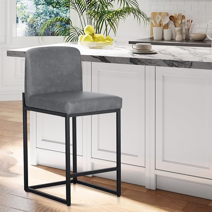 Sophia & William Bar Stools, Counter Height 24" Bar Stools for Kitchen Island, Modern PU Leather Metal Counter Stools,Grey,1 Pack