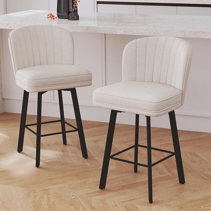 Swivel Counter Height Bar Stools Set of 3, 26'' Modern Barstools with Backs and Metal Legs, Upholstered Bar Chairs, Beige, Fabric Stools for Kitchen Island Chairs