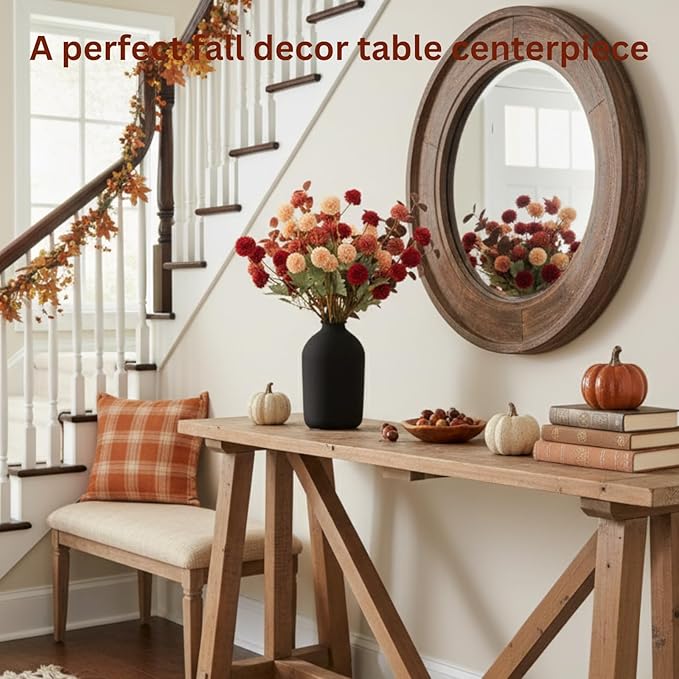 Fall Flowers, Burnt Orange Faux Kiku Flowers Artificial 10 Stems + Eucalyptus, Fake Silk Mums Fall Floral Centerpiece, Autumn Decor, Terracotta Mini Balls Faux Stems For Vase, Decoración de Otoño