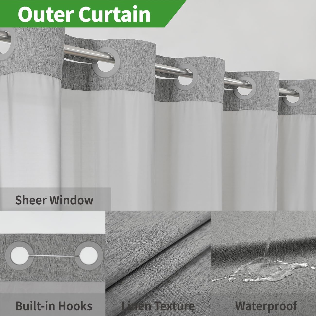 Long No Hooks Needed Linen Textured Shower Curtain with Snap-in Fabric Liner Set,Grey Hotel Luxury Decor Shower Curtains for Bathroom,Waterproof & Washable,71Wx80H