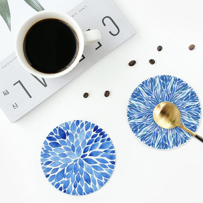 Blue Watercolor Flower Petals Coasters Set of 6 Coasters for Drinks Absorbent Double-Sided Leather PVC Coaster for Tabletop Protection Coffee Table Decor Ideal for Home Decor House Warming Gifts