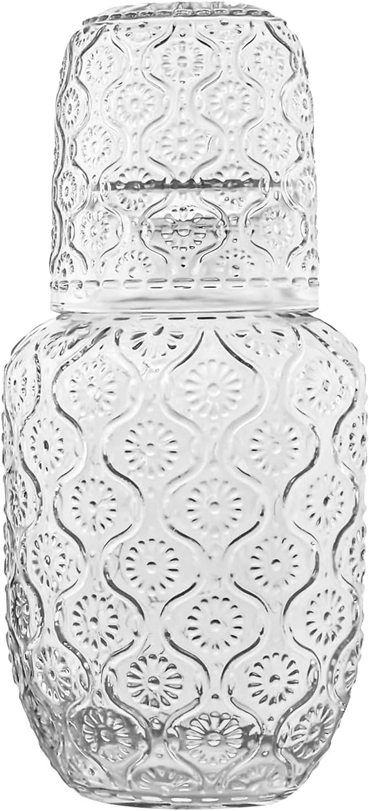 Vintage Bedside Water Carafe and Glass Set for Bedroom Nightstand, Bedside, Ticked Glass Mouthwash Decanter for Bathroom, Water Pitcher Set 18.5 oz