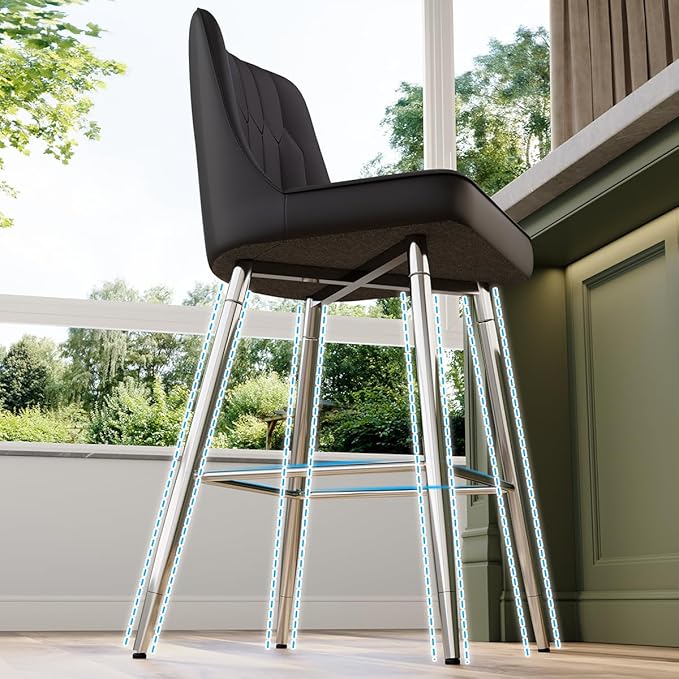 Black Bar Stools Set of 6,27" Counter Height Bar Stools Set of 6,Faux Leather Counter Stools with Soft Padded Seat & Curved Backrest,Modern Kitchen Island Chairs for Dining Café