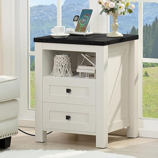 Nightstand with Charging Station and USB Port, Farmhouse Side End Table with 2 Drawers and Open Shelf, Wood Rustic Sofa Table, Bedside Cabinet for Bedroom, Living Room, Closet, Office (White)