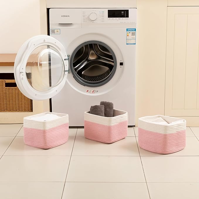 OIAHOMY 9”x9”x7” Storage Cubes, Cotton Rope Woven Baskets for Organizing, Cube Storage Bin, Small Gift Basket for Shelf, 3-Pack, Pink&White
