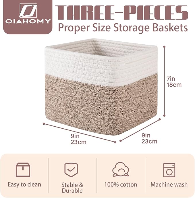 OIAHOMY 9”x9”x7” Storage Cubes, Cotton Rope Woven Baskets for Organizing, Cube Storage Bin, Small Gift Basket for Shelf, 3-Pack, Brown&White