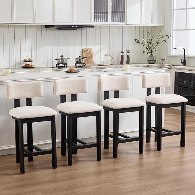 26' Counter Stools Set of 4 Modern Farmhouse Linen Upholstered Kitchen Bar Stools with Back and Black Solid Wood Legs, Beige