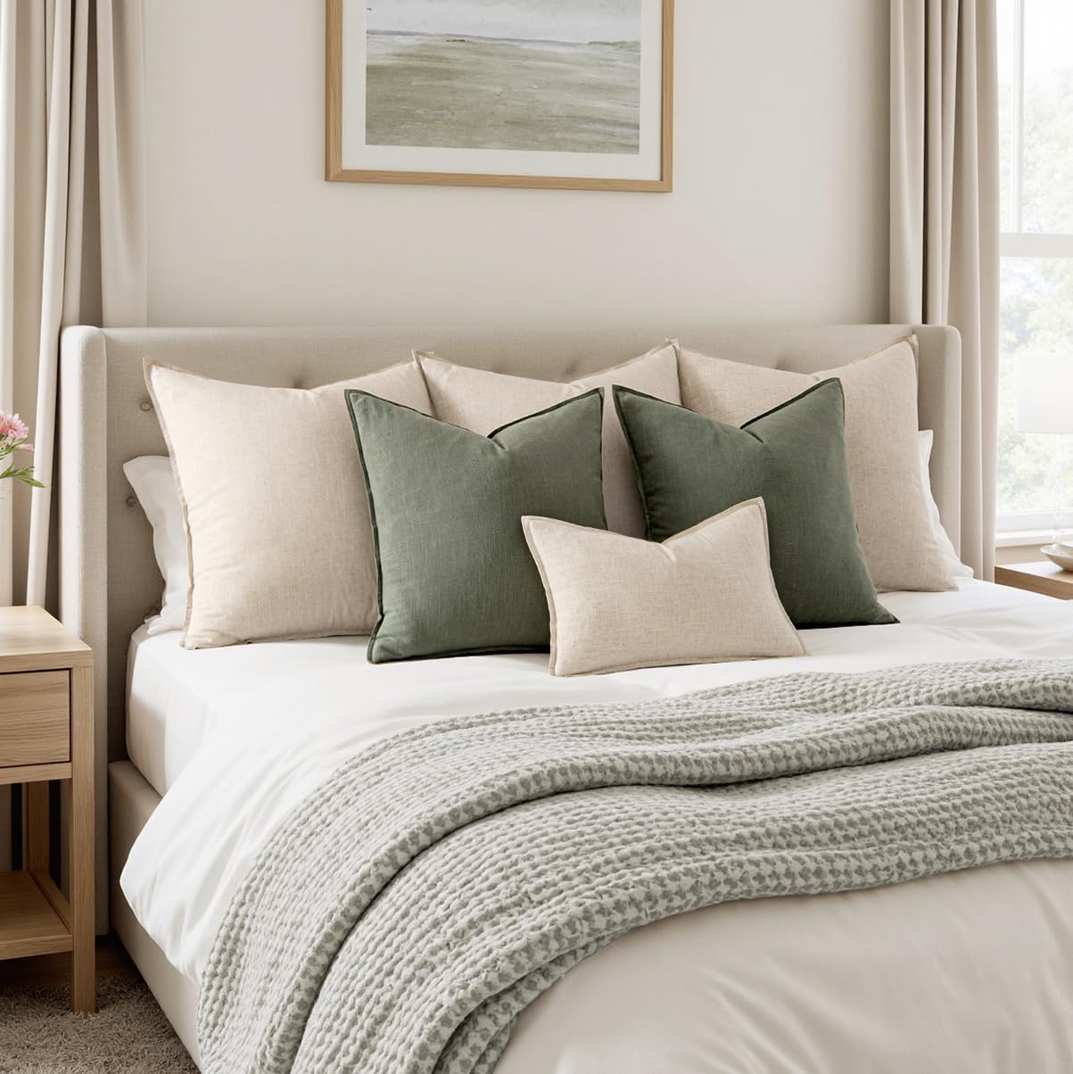 MIULEE Decorative Linen Pillow Covers 20x20 Inch Olive Green Boho Farmhouse Neutral Couch Throw Pillows for Bed Pack of 2 Accent Outdoor Pillowcase Modern Sofa Cushion Livingroom Home Decor