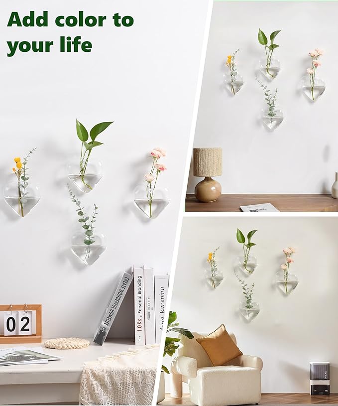 Nacome Wall Hanging Glass Planter Terrarium Plant Propagation Station, 4 Pack Heart Shape Vase for Hydroponic Home Office Garden Decor,Unique Gardening Gifts for Plant Lovers Women Mom