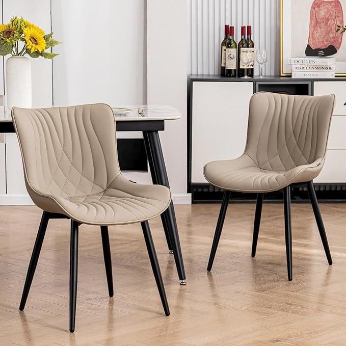 Kidol & Shellder Khaki Dining Chairs Set of 2,Faux Leather Upholstered Mid Century Modern Kitchen&Dining Room Chair with Back,Ergonomic Armless Vanity&Living Room Chair with Metal Legs