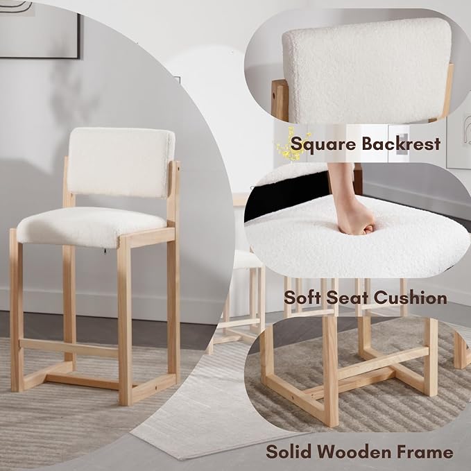 Mid-Century Bar Stools Set of 4, 26 Inch Modern Counter stools Sherpa Fabric Bar Chairs with Backrest Wooden Frame for Kitchen Island Dining Room, White
