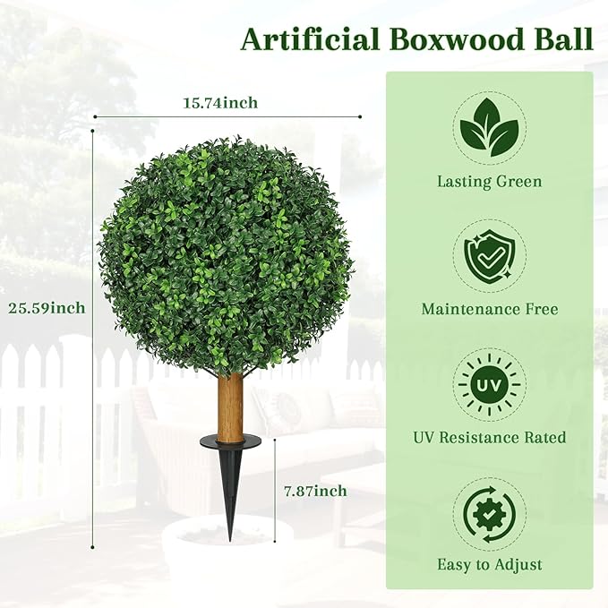 6 Pack Fake Plants with Spike, 25.6'' UV Resistant Artificial Boxwood Topiary Ball Tree, Faux Greenery Shrubs Fake Shrubs for Outdoors Indoors Home Docer Front Door Proch Decor