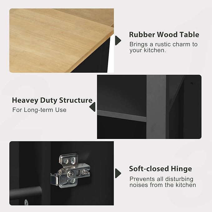 Merax Rolling Kitchen Island on Wheels with Extendable Dining Table & Power Outlet, Wood Kitchen Cart on Wheels with Internal Storage Rack,2 Drawers & 2 Cabinets, 47" Wide Black