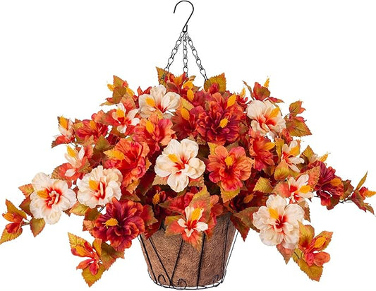 Artificial Fake Fall Hanging Flowers with Basket for Outdoors Decoration 3PCS Faux Fall Flowers for Outdoor Planters UV Resistant No Fade Silk Hibiscus for Home Porch Patio Garden Balcony Yard Decor