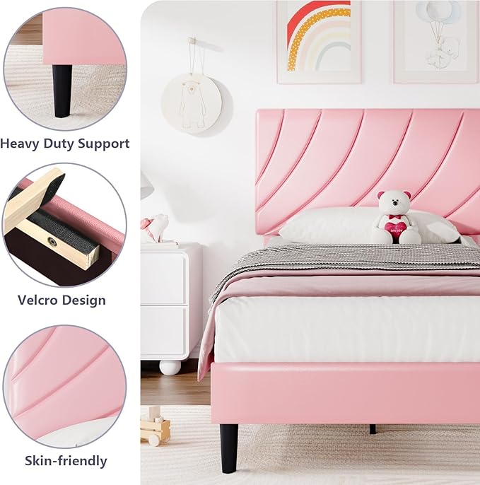 HOMBCK Queen Bed Frame with Headboard, Upholstered Bed Frames, Strong Wooden Slats, No Box Spring Needed, Easy Assembly, Pink