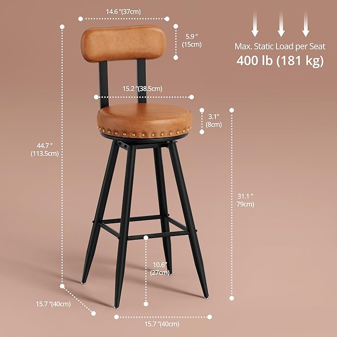IRONCK Counter Height Bar Stools Set of 2, 30" Swivel Barstools with Backs, Hand-Riveted Design, Wide Seat, PU Leather Upholstered, Armless Bar Chairs for Kitchen Island, Brown