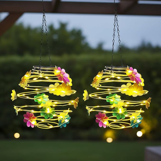 2 Pack Solar Lanterns Outdoor Waterproof , 30LED Hanging Lights with Flower Patterns for Garden Patio Yard Decor, Gift for Grandma Gardeners Women