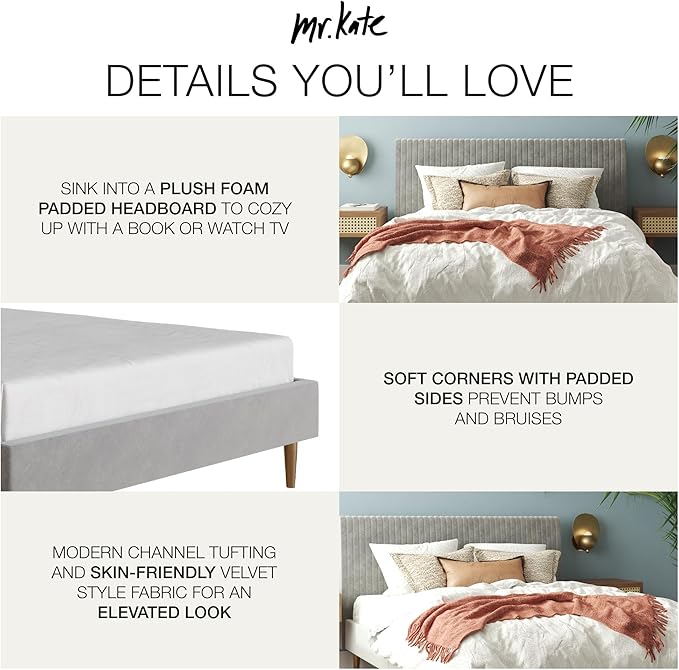 Mr. Kate Daphne Upholstered Queen Bed Frame with Headboard, Modern Platform Velvet Queen Bed Frame, Light Gray Velvet