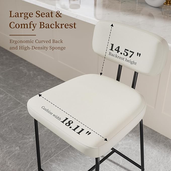 Counter Height Bar Stools Set of 4, 26" Fabric Kitchen Bar Stools with Back, Counter Barstools with Metal Legs, Bar Chairs for Kitchen Island, White