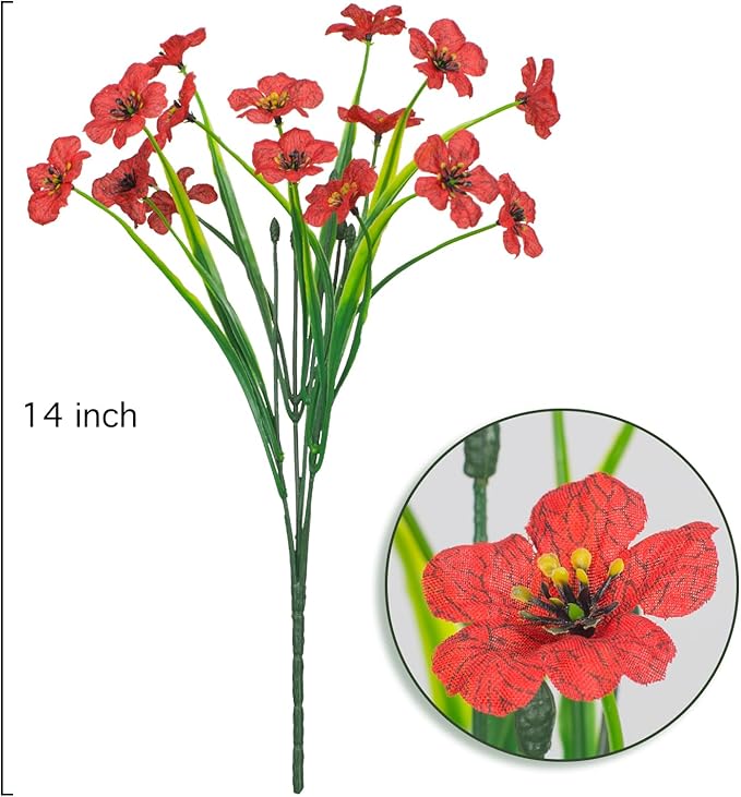 Outdoor Artificial Flowers 21 UV Resistant Bundles Fake Flower Plastic Plants Faux Silk Flowers Porch Hanging Garden Porch Window Box Decorating (Red)