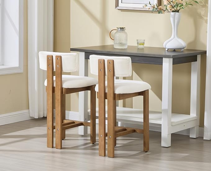 Upholstered Farmhouse Counter Height Bar Stools Set of 2 White Chenille Barstools with Back/Solid Wood Legs, Modern Bar Chairs for Kitchen Island/Home Bar/Pub, 26 Inch