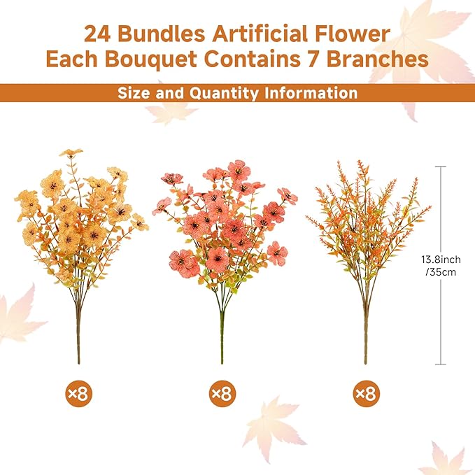 SHareconn 24 Bundles Artificial Fall Flowers for Outdoors Decoration, UV Resistant Silk Eucalyptus Lavender Faux Autumn Fake Plants for Outside Indoor Garden Yard Porch Home Decor, Autumn Orange-Red