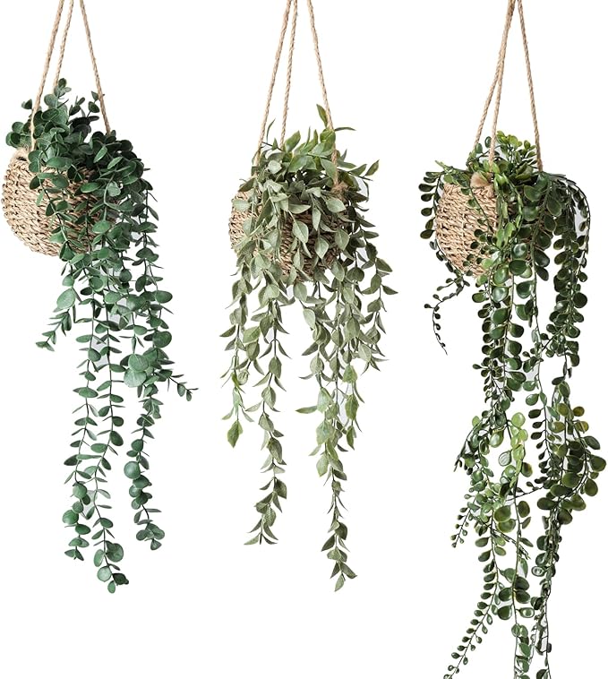 3 Pack Mini Artificial Hanging Greenary Fake Hanging Plants in Basket for Wall Living Room Decor Bathroom Shelf Home Indoor