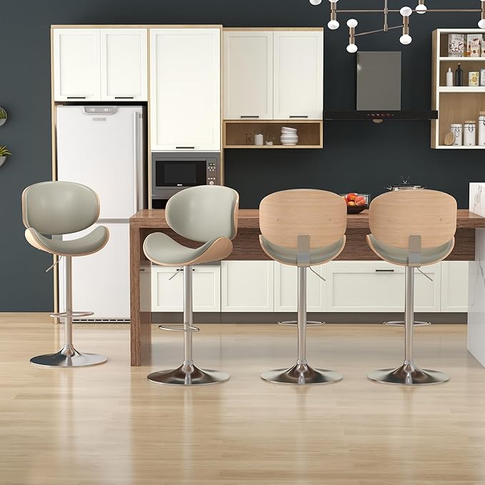 KCC Bar Stools Set of 2, Swivel Adjustable Height Barstools, PU Leather Upholstered Bar Chairs with Footrest, Bentwood Bar Stool for Kitchen, Bar, Dining Room(Grey PU)