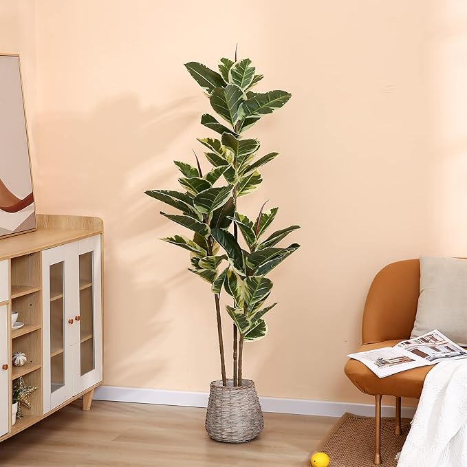 Artificial Rubber Tree Plant 5ft Tall Faux Ficus Tree Potted Fake Tropical Plants Decorative House Plants Large Floor Artificial Trees for Home Office Store Room Decor