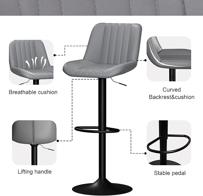 JAMFLY Bar Stools Set of 2, Swivel Bar Height Chairs Set of 2, Adjustable Tall Leather Bar Stools for Kitchen Island, Grey