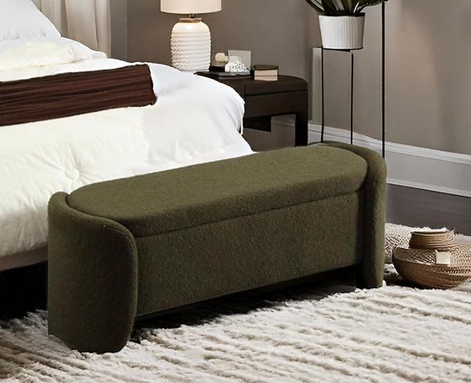 Modern Green Storage Ottoman Bench - Upholstered Boucle Teddy Fabric 50" End of Bed With Sherpa Seating for Bedroom/Entryway/Living Room/Window