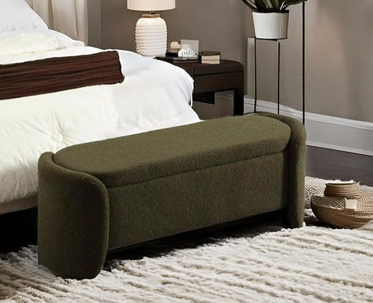 Modern Green Storage Ottoman Bench - Upholstered Boucle Teddy Fabric 50" End of Bed With Sherpa Seating for Bedroom/Entryway/Living Room/Window