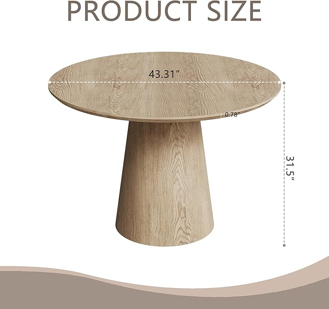 43'' Round Dining Table for 4, Modern Wood Farmhouse Kitchen Table with Sturdy Cylindrical Pedastal, Dinner Tables for Dining Room, Living Room Wood
