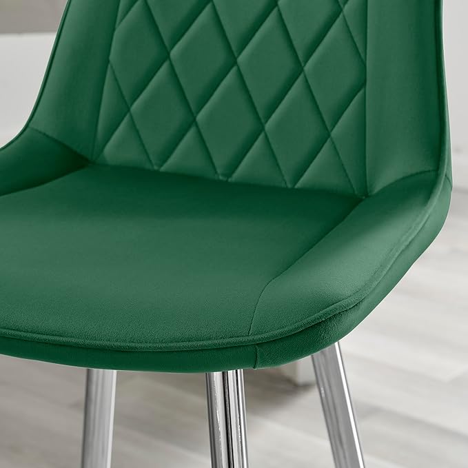 Bar Stool Chair - Pesaro Green Velvet Upholstered Dining Chair Silver Metal Legs - Modern Style Diamond Quilted Stitching to Back - Contemporary Dining Kitchen Furniture