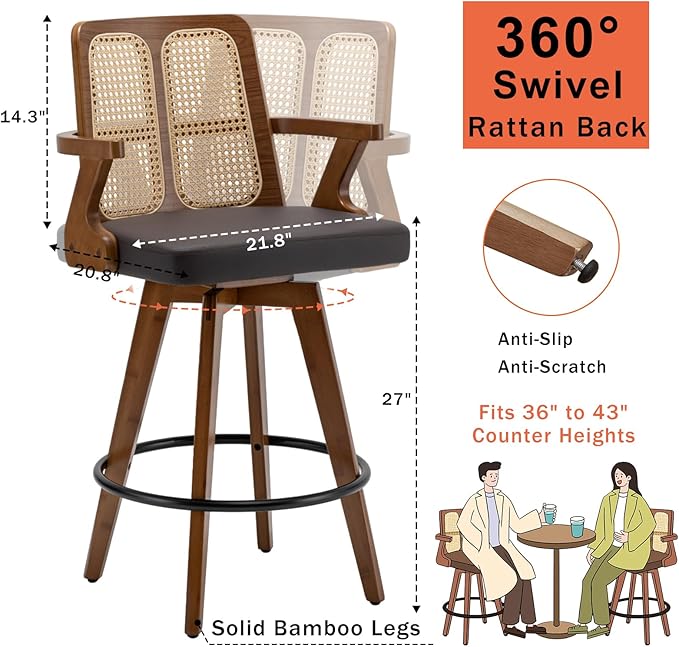 Set of 1 Swivel Counter Height Bar Stool - 27 inch Walnut Counter Stool with Cane Back, Upholstered Seat, Curved Arms, Faux Leather Bar Stool for Counter/Kitchen/Island/ (Walnut Brown)