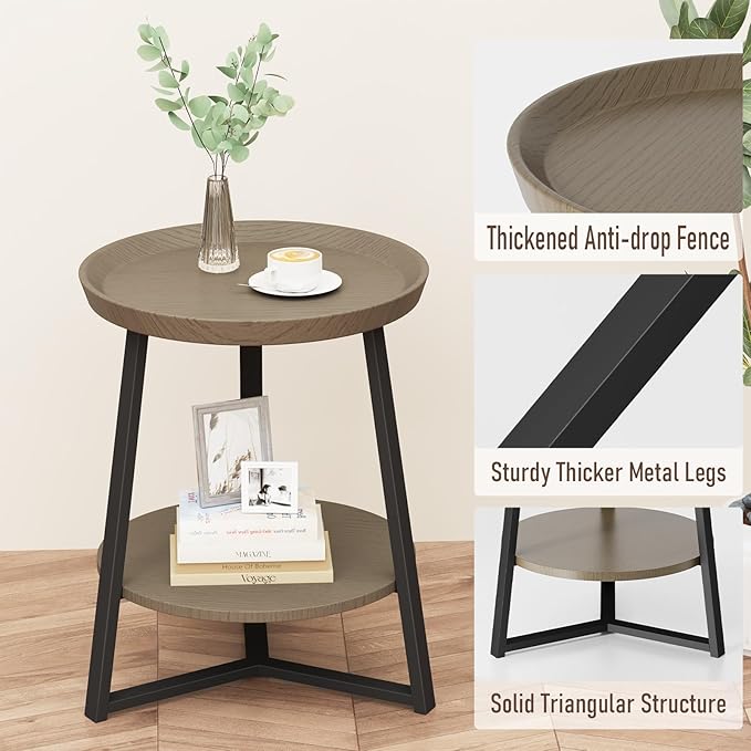 Gadroad Round End Table with Storage Shelf, 2 Tier Farmhouse Side Table Nightstand for Living Room, Bedroom, Wood Tabletop & Black Metal Frame, Walnut Color 15.7 * 15.7 * 23.0inches