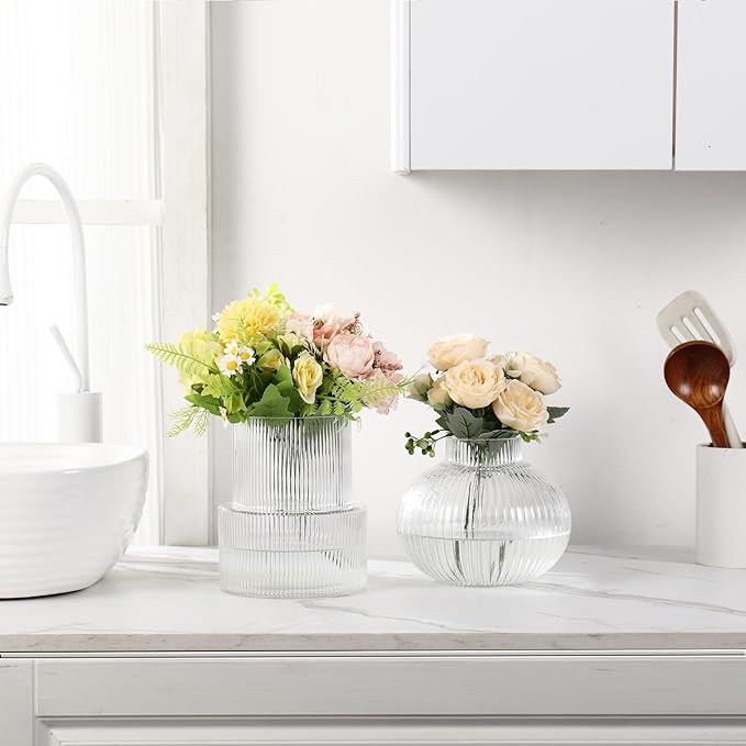 Ribbed Glass Vases, Set of 2 Fluted Vases for Flowers, Clear Glass Vase for Tulips, Modern Vase for Living Room, Kitchen, Office, Entryway, Mantle, Bookshelf, Wedding Gifts, Birthday
