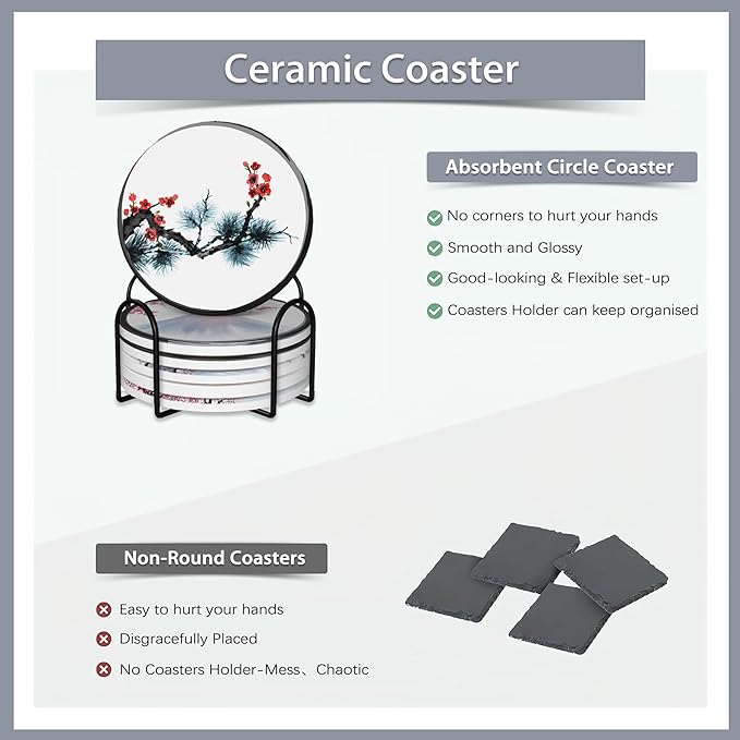 Drink Coasters Set of 6 with Holder,Japanese Cherry Blossom and Fujiyama Mountain Absorbent Ceramic Coasters with Cork Base,Fit All Cups,Tabletop Protection Mat for Mugs and Cups,Office,Kitchen