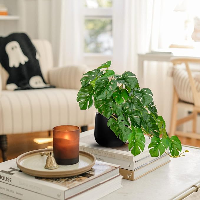 DILATATA Fake Plants Indoor 8 Inch Artificial Monstera Plant in Black Ceramic Pot - Faux Potted Tropical Palm Plant for Home Aesthetic Decor Living Room Shelf Office