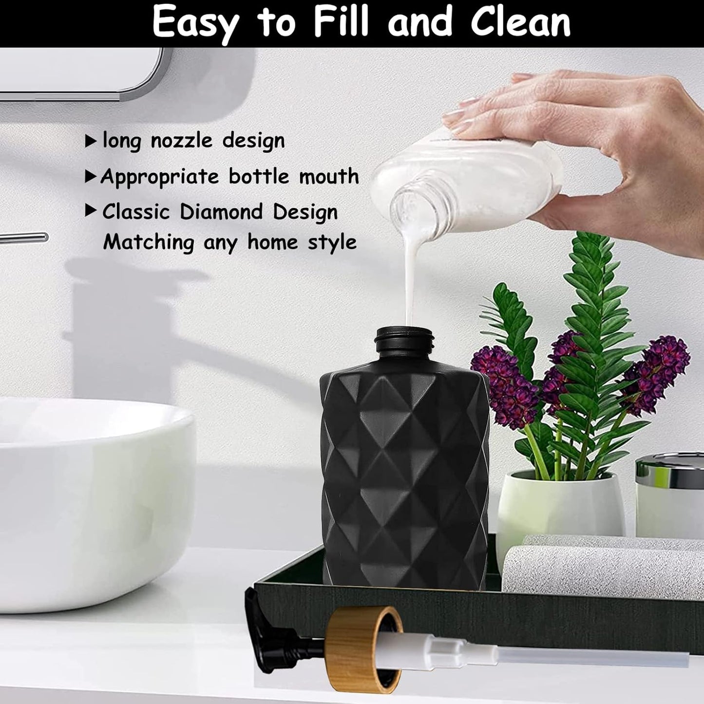 Black Glass Soap Dispenser Set with Bamboo Pump, 12oz Refillable Liquid Hand Soap, Lotion Dispenser for Modern Home Decor, Bathroom, Kitchen Countertop, Hotel (2 Pack)