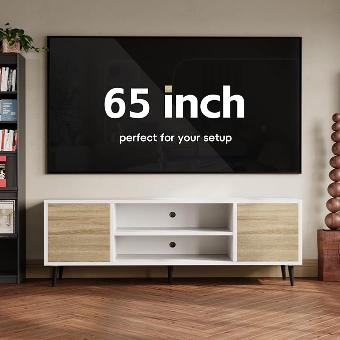 YESHOMY Modern TV Stand for 65" Television, Entertainment Center with Two Storage Cabinets and Open Shelves, Retro Style Media Console for Living Room, Bedroom, Office, 58 Inch, White & Beige
