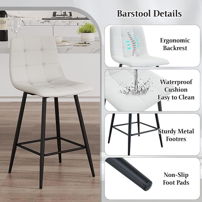 White Barstools Set of 4, 24.4" Counter Height Bar Stools with Back & Metal Footrest, Modern Island Chairs Set of 4 for Kitchens Island Home Bar
