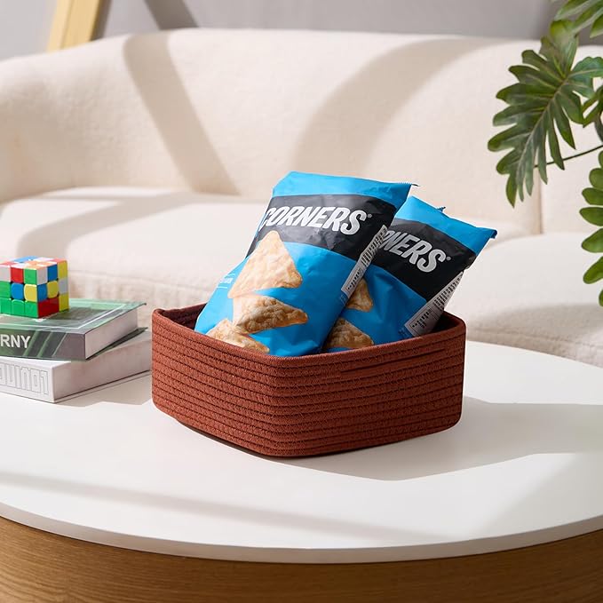 Small Square Shallow Baskets for Organizing, 9.7x9.7x4.3 Inch Rope Woven Storage Bins for Cubes Closet, Shelves Storage, Boho Decorative Basket, 2 Packs Oxide Red