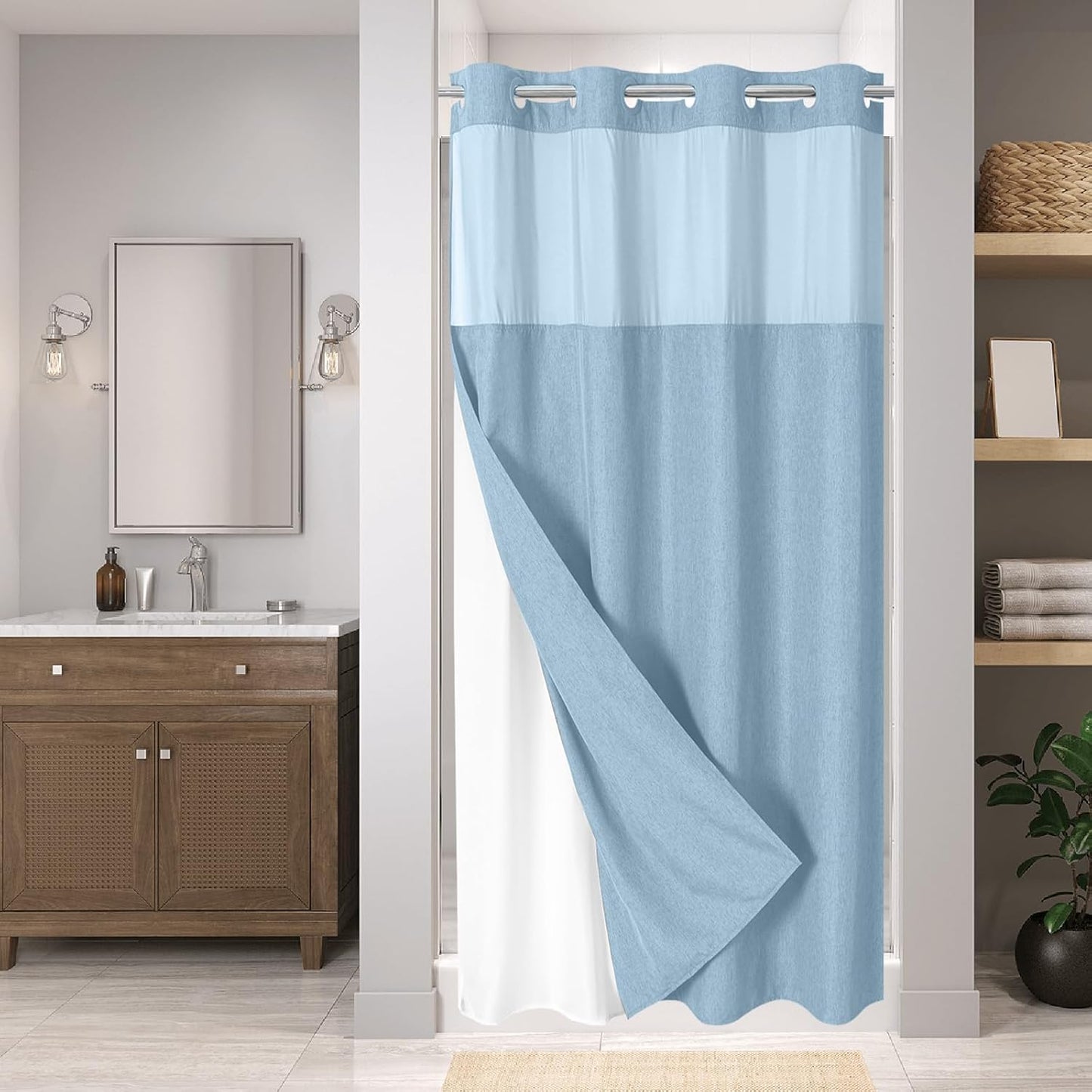 Stall No Hooks Needed Linen Textured Shower Curtain with Snap-in Fabric Liner Set,Hotel Luxury Decor Farmhouse Shower Curtains for Bathroom,Waterproof & Washable,54Wx80H,Fog Blue