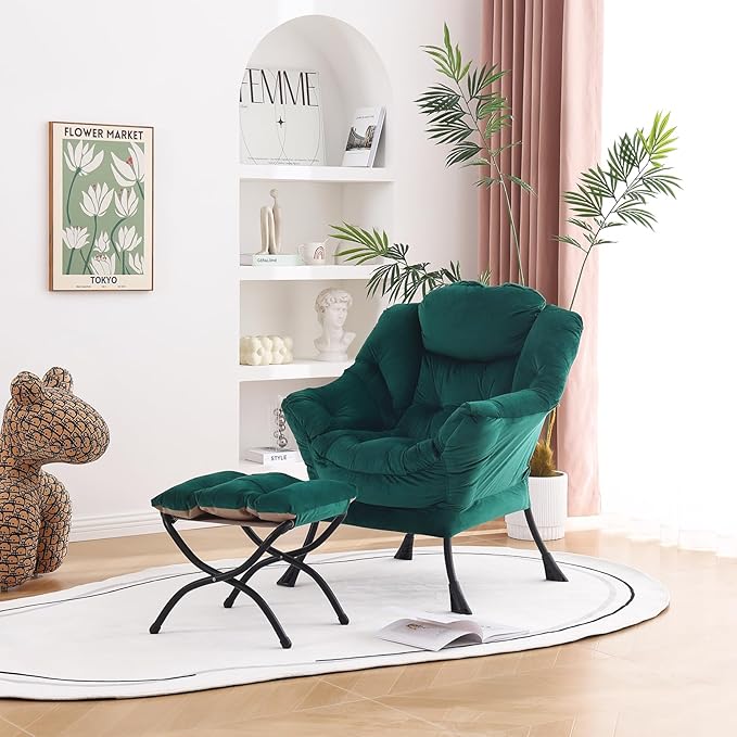 Welnow Lazy Chair with Ottoman, Modern Lounge Accent Chair with Armrests and a Side Pocket, Leisure Sofa Armchair, Reading Armchair with Footrest for Small Space, Dark Green