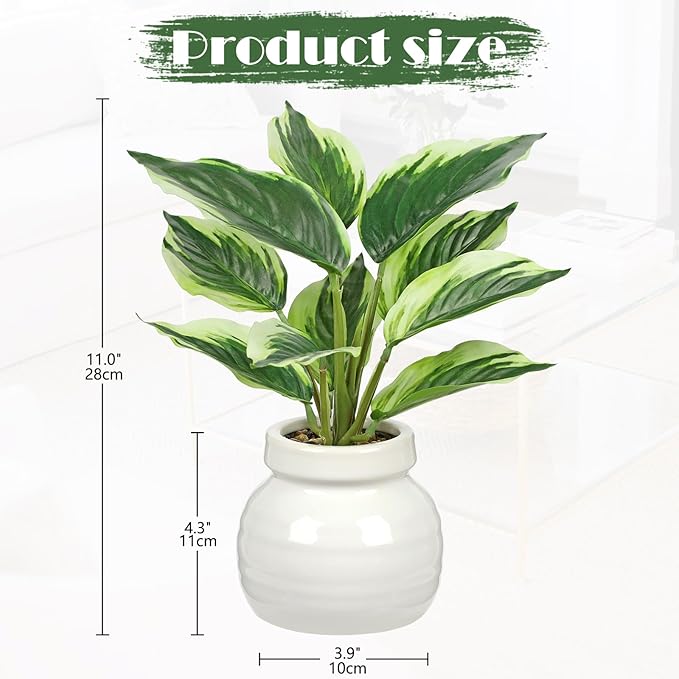 Small Fake Plants Indoor 11 Inch Potted Plant Artificial Decor 10 Leaves Faux Plant with White Ceramic Pot Silk House Plants for Home Office Bathroom Kitchen Farmhouse Table Centerpieces Shelf Decor